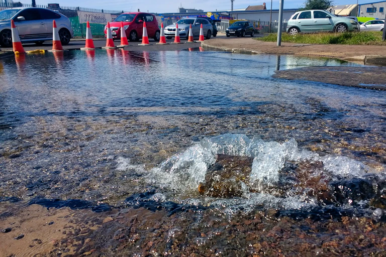 A burst water main.