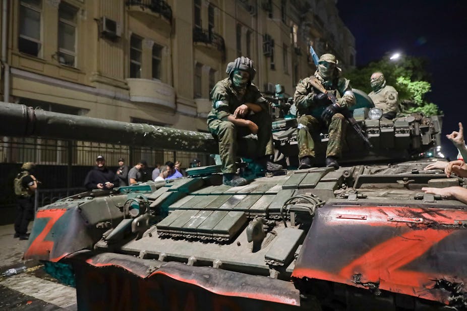 Members of the Wagner Group on a tank in Rostov-on-Don, Russia, during the lightning march on Moscow on  June 24, 2023.