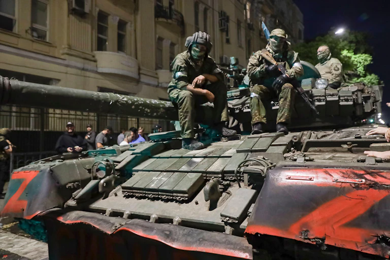 Members of the Wagner Group on a tank in Rostov-on-Don, Russia, during the lightning march on Moscow on June 24, 2023.