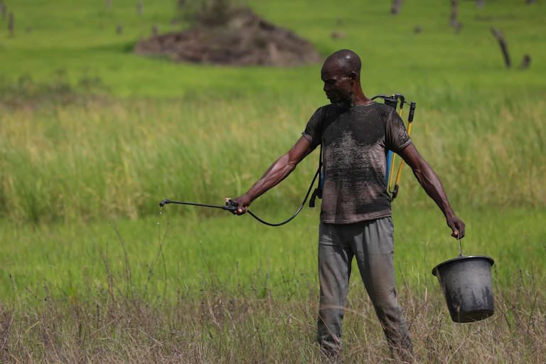 Man spraying pesticides on a farmland