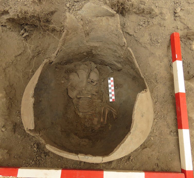 A photo showing a hole in the ground containing a small human skeleton.