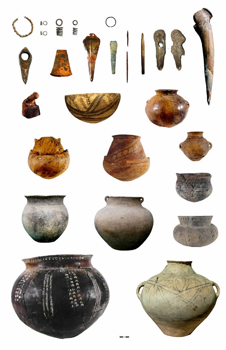 Many photos of jewellery, weapons, tools and pots shown on a white background.