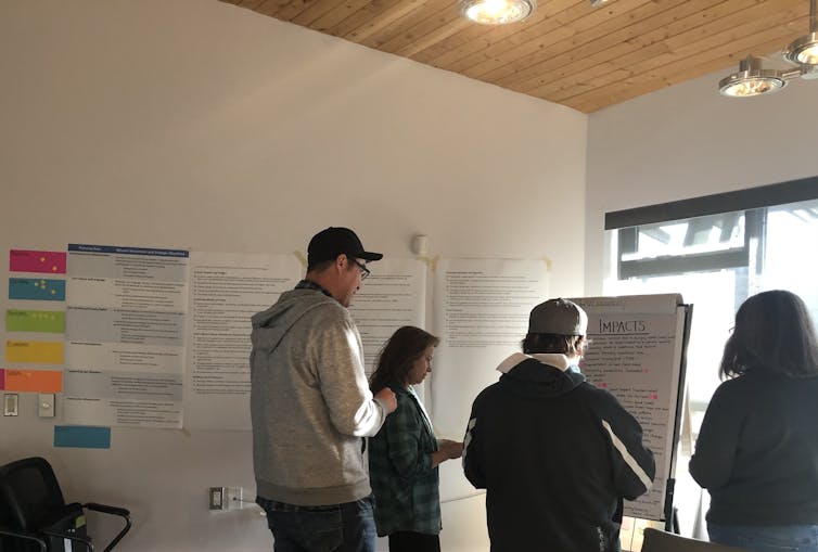 A group of people standing in front of a white board.