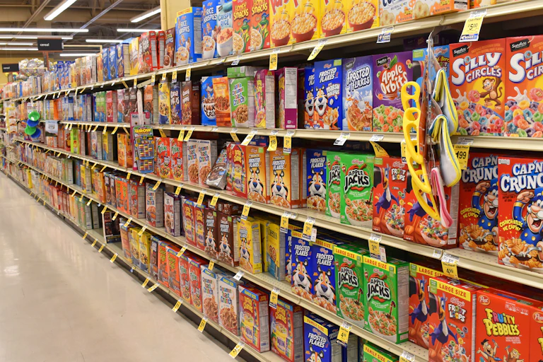 Grocery store shelf with boxes of cereal