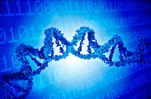 A blue DNA helix against a blue background with binary code