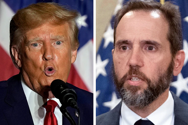 Two men standing at microphones, each with a coat and tie and an intense facial expression.