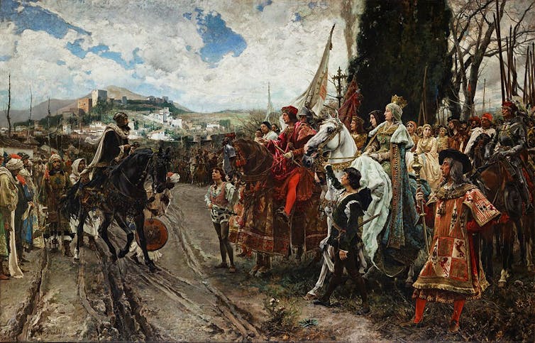Pintura que muestra a un hombre musulmán a caballo, seguido de unos pocos fieles, y un rey hispano con un ejército detrás, mientras se ve la ciudad de Granada al fondo.