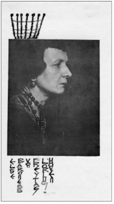 A photograph of a woman in profile view with hand lettering underneath.