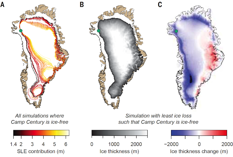 Model results show possible extents of a shrunken Greenland Ice Sheet when Camp Century was ice free 416,000 years ago.