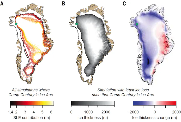 Model results show possible extents of a shrunken Greenland Ice Sheet when Camp Century was ice free 416,000 years ago.