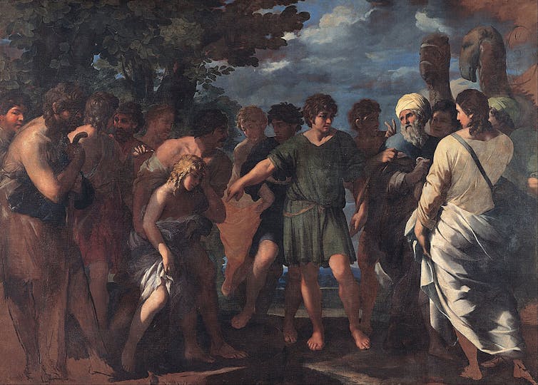 A painting shows a group of men in robe-like outfits with wavy hair pointing to a smaller blond child among them.