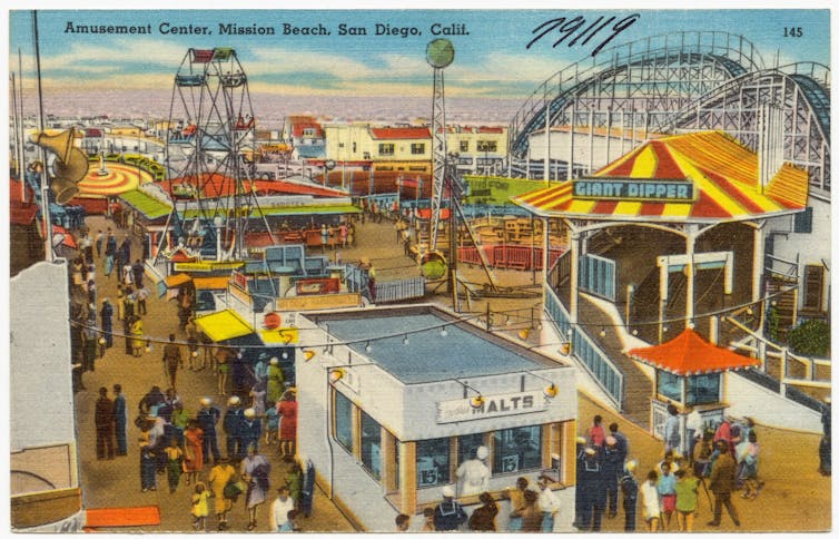 A drawing of a carnival midway with a Farris wheel, roller coaster, malt shop and ocean in the background.