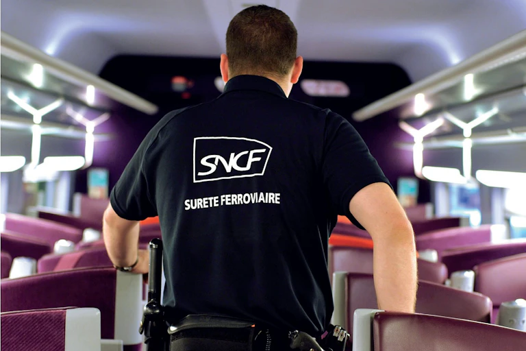 Un homme de dos dans un train portant un uniforme de la Suge