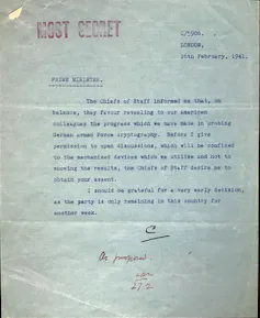 An image of a typewritten letter with handwritten markings and a 'Most Secret' stamp across the top.