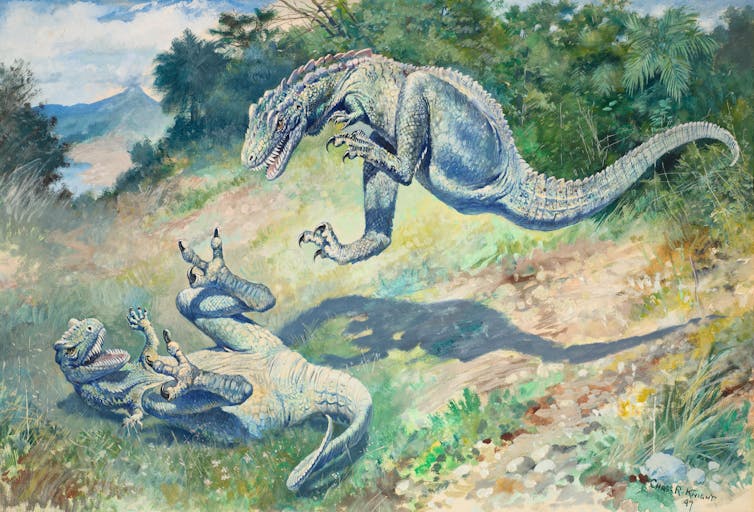 an illustration of two light green dinosaurs jumping in a meadow