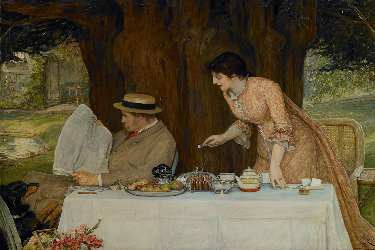 A man reading a newspaper at a picnic table, facing away from his wife who tries to read over his shoulder.