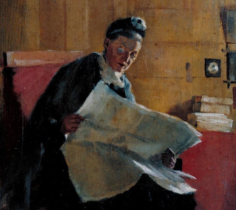 Painting of a woman in a Victorian-style black dress and hair in a bun reading a large newspaper.