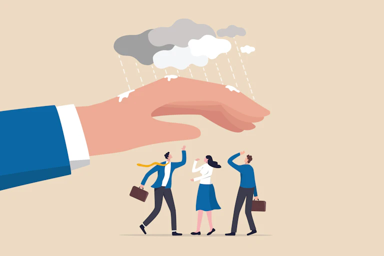 Illustration of a large hand with suit sleeve shielding three people in work clothes from storm clouds.