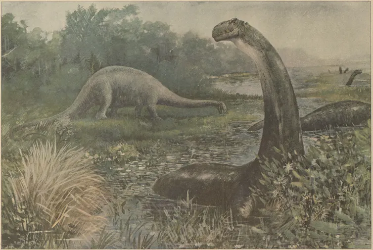 A painting of a Brontosaurus surrounded by trees.