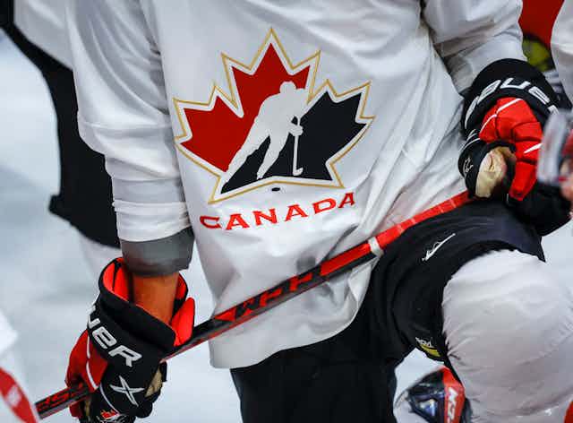 Close up of a hockey player's jersey with the Team Canada logo on it