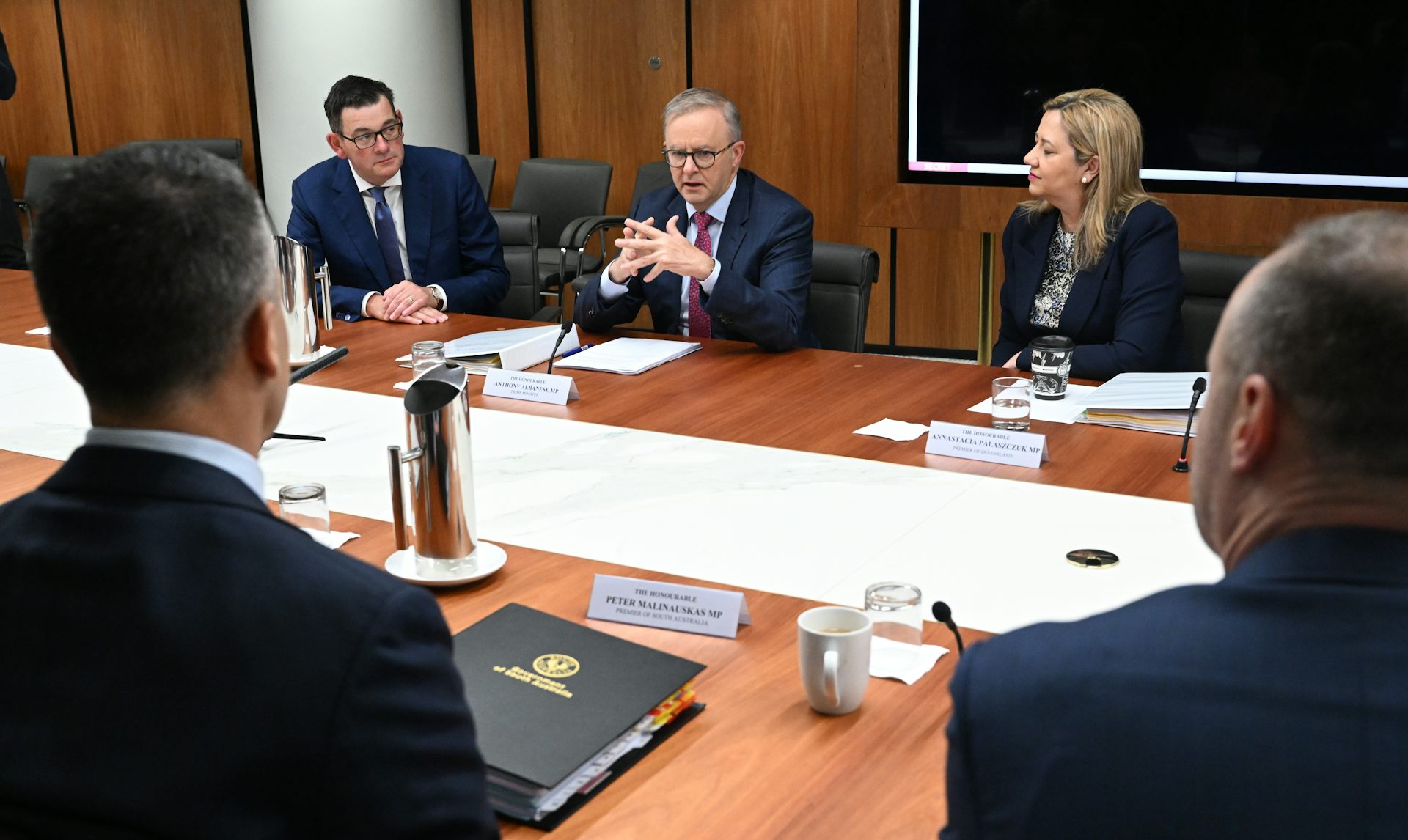 Prime Minister Anthony Albanese and state premiers sit around a conference table.