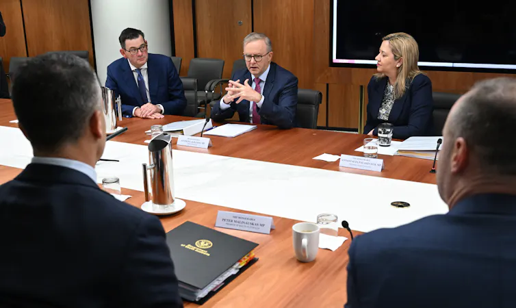 Prime Minister Anthony Albanese and state premiers sit around a conference table.