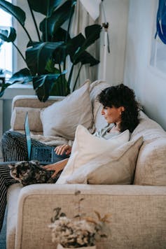 A woman sits on a couch, looking at her laptop, patting a cat.