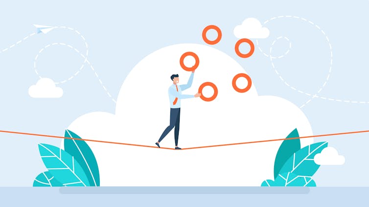 Illustration of man in a suit juggling rings while walking on a tightrope.