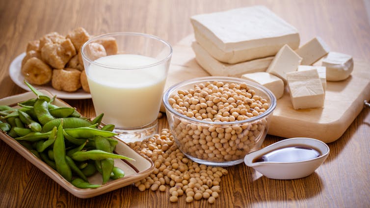 An array of soy products including soy milk, tofu, soy beans and soy sauce.