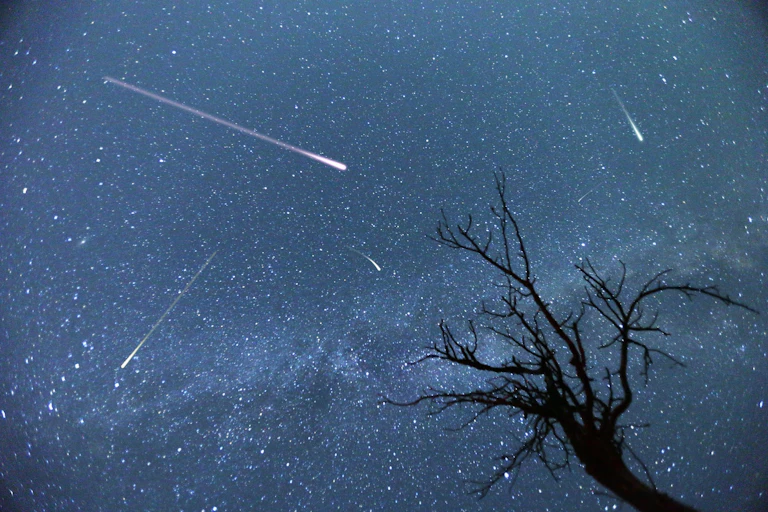 An image of a meteor shower, bright bolts of light crossing the sky amid many stars.