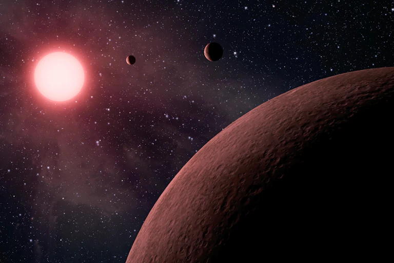 An artist's rendition of a light purple planet, beyond which you can see space, a bright sun, and several other planets.