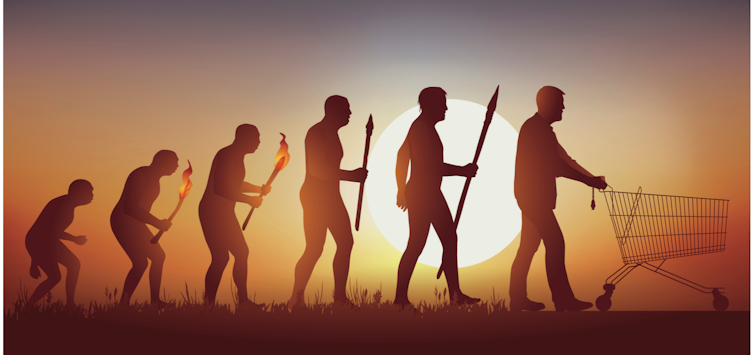 evolution silhouettes beginning with an ape, morphing into humans carrying fire or spears, and eventually to person pushing a grocery cart