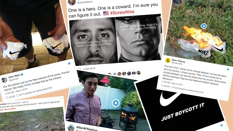 A collage of tweets by people condemning Nike's advertising campaign featuring Colin Kaepernick