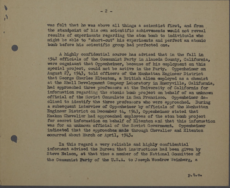A page from a declassified security agency report describes events depicted in 'Oppenheimer'