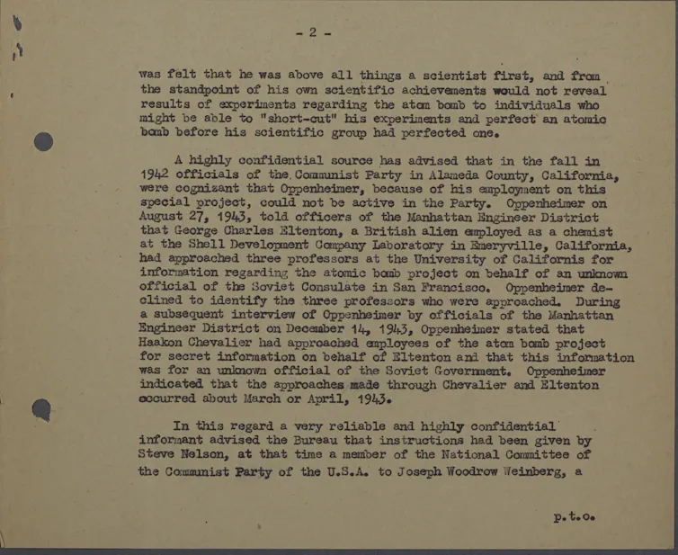 A page from a declassified security agency report describes events depicted in 'Oppenheimer'