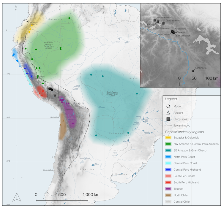 This map of South America shows different genetic ancestries represented in different regions. The black line shows the full extent of the Inca Empire, while the inset shows Machu Picchu and other royal sites.