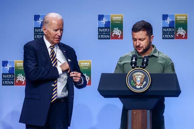 U.S. President Joe Biden on a stage with Ukrainian President Volodomyr Zelenskyy
