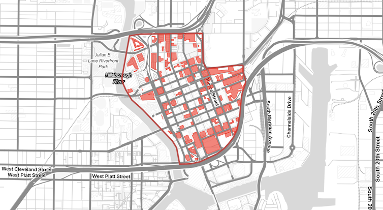 Map with areas used for parking colored