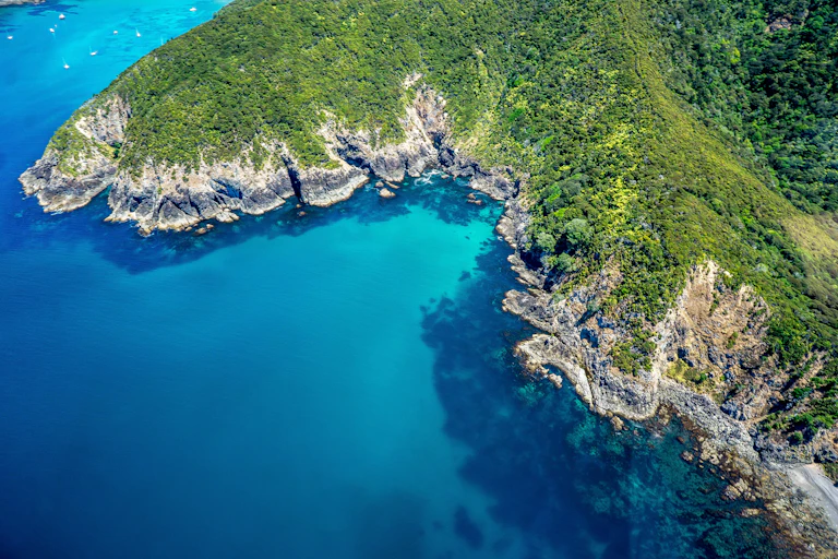 Aerial view of a coastal road in New Zealand