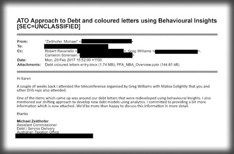 An internal email with some words blacked out, discussing redeveloping debt letters using behavioural insights