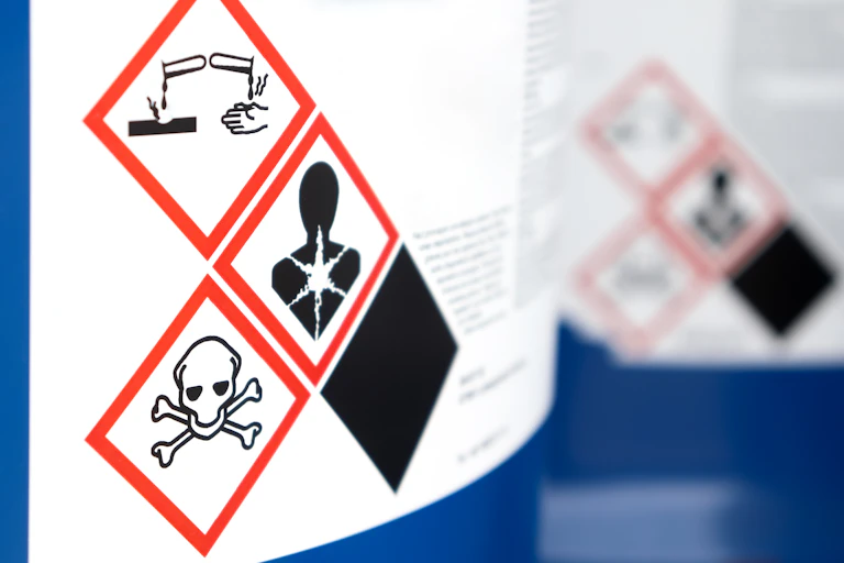 Warning labels on a household product bottle