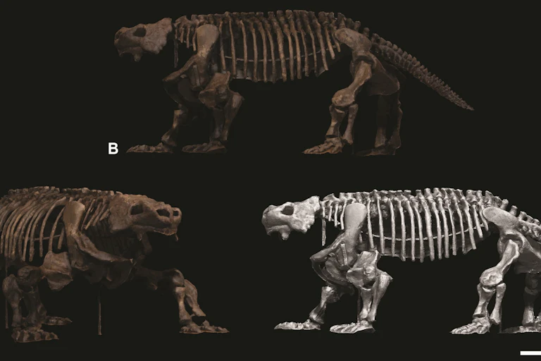 Three views of a large, squat animal's skeleton are shown at slightly varying angles against a black background