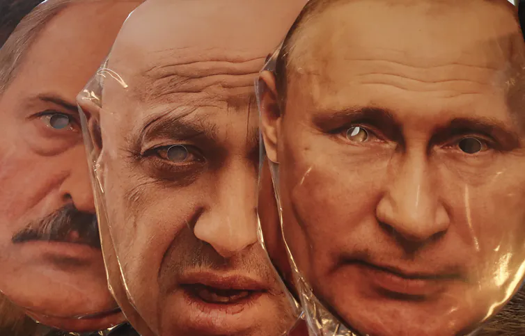 Masks of Vladimir Putin, Alexander Lukashenko and Wagner Group boss Yevgeny Prigozhin