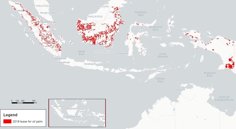 Peta yang menunjukkan konsesi lahan oleh pemerintah Indonesia kepada perusahaan penanam kelapa sawit.