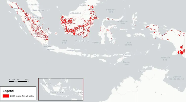 Peta yang menunjukkan konsesi lahan oleh pemerintah Indonesia kepada perusahaan penanam kelapa sawit.