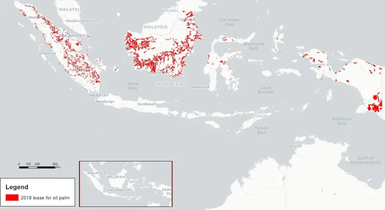 Peta yang menunjukkan konsesi lahan oleh pemerintah Indonesia kepada perusahaan penanam kelapa sawit.