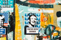 A picture of a collage showing a Facebook-jammed image that says 'You've been Zucked'