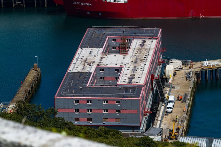 An overhead view of a barge.