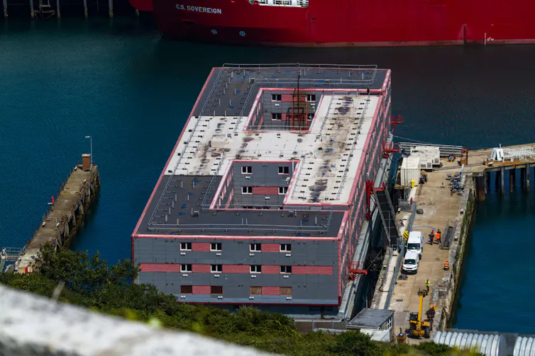 An overhead view of a barge.