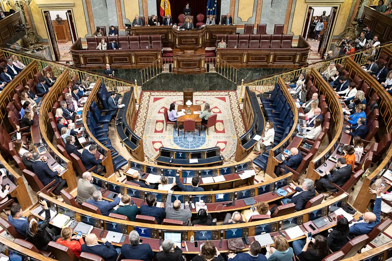 Un congreso con asientos en forma de U mirando a una mesa presidencial de dos pisos.